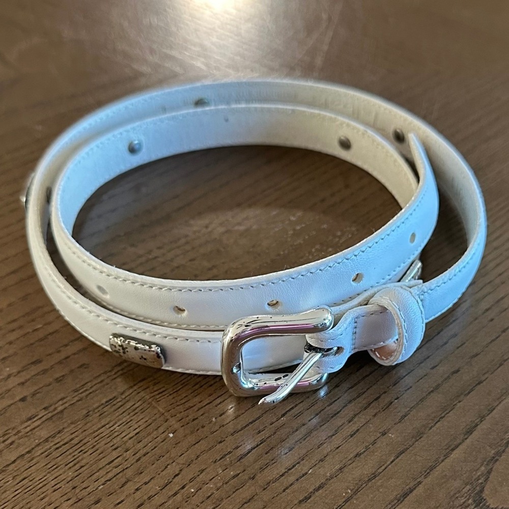 Talbots White Genuine Leather Skinny Belt Silver Studded Buckle Made in USA L